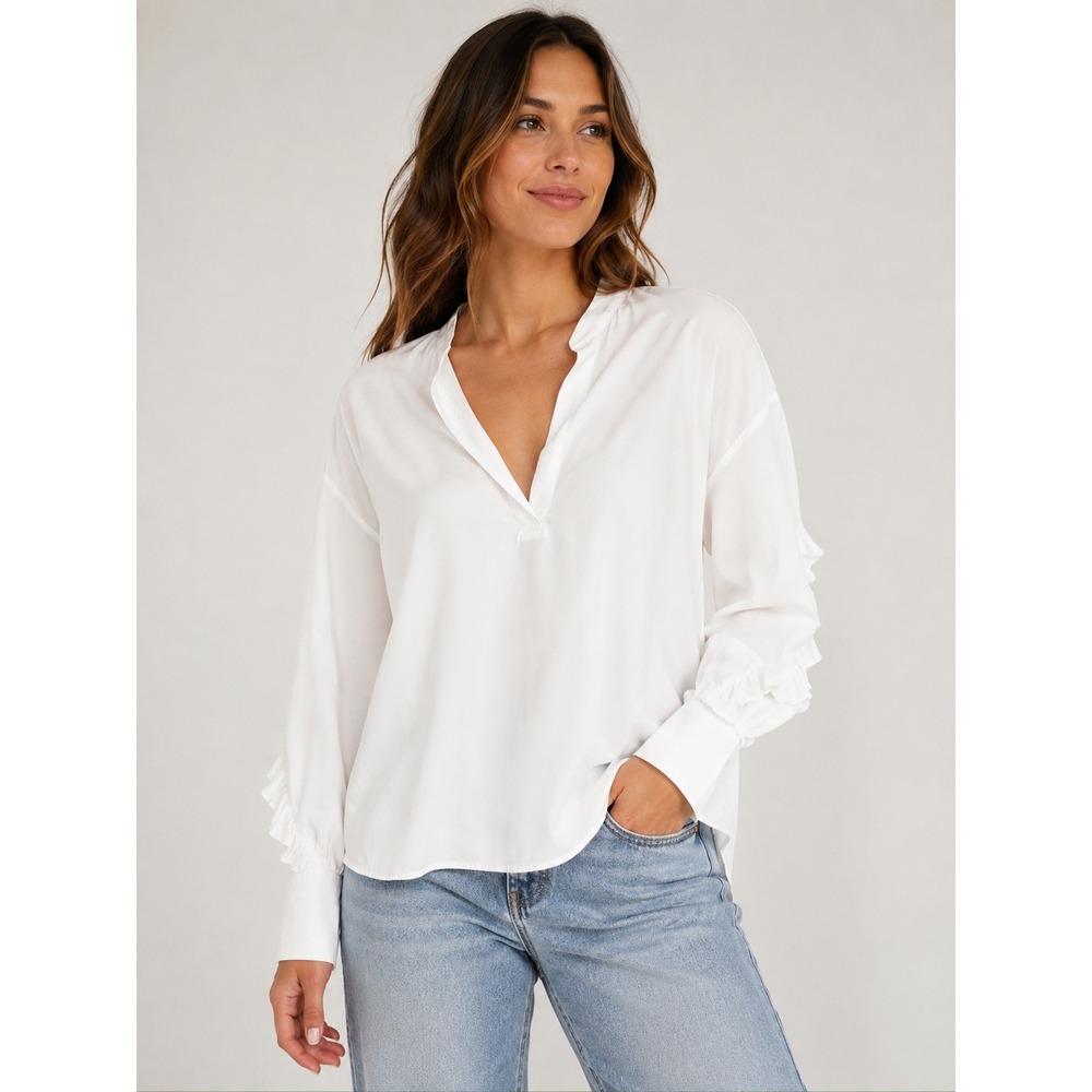 Nude Italy White Ruffle Sleeve Viscose V-Neck Blouse Top XS Made‎ in Italy